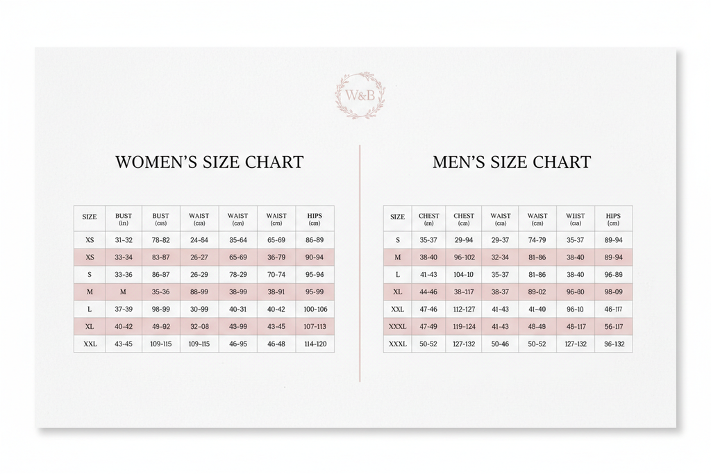 make me a size chart for men and women for my brand make it look super professional 